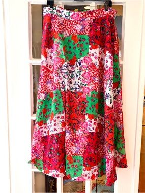 Kaktus Floral Maxi Skirt Peasant Patchwork Elastic Waist Cottagecore Cotton SZ L